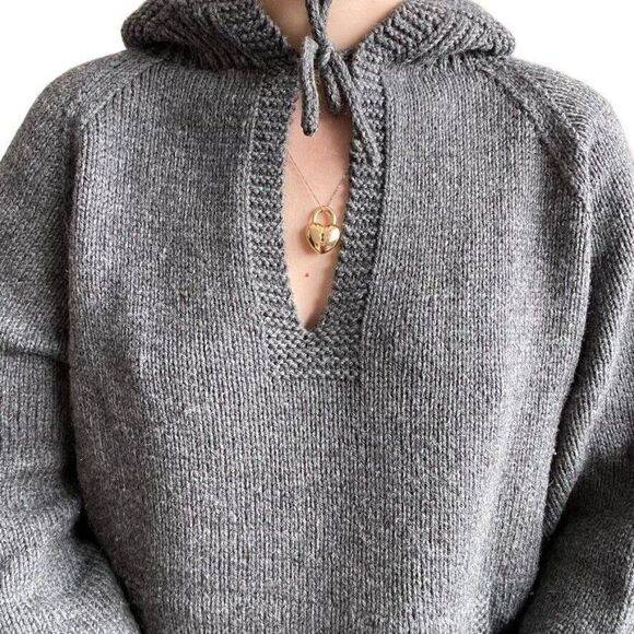 Hand Knit Unisex Grey Hooded Oversized Sweatshirt Hippie Hoodie Sz L - Picture 3 of 8